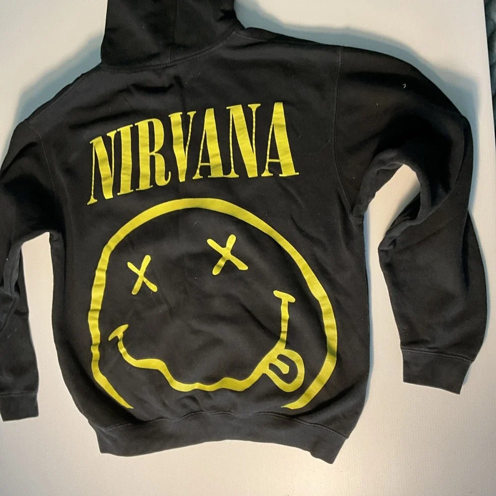 Nirvana Tultex Hoodie Large Black Yellow Smiley Face Logo Grunge Rock Band